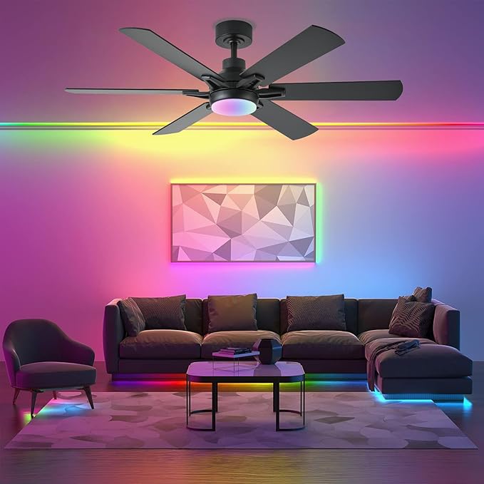 52in Ceiling Fans with Lights RGB Ceiling Fan with Light and Remote/APP Control,Low Profile Ceiling Fans with Lights for Bedroom,Living Room,Kids Room,3CCT Dimmable Modern Ceiling Fan, 8 Speeds,black