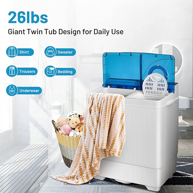 Giantex 10021US-BL-FP Full-Automatic Washing Machine Portable Compact, White+Blue