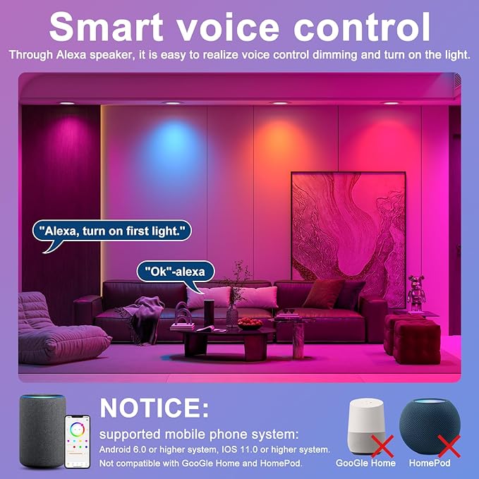 Recessed Lighting 6 Inch RGBCW Color Changing Smart Recessed Ceiling Lights 16W 1350LM LED Downlights Dimmable by Alexa & APP, 2700K-6500K,16 Million Colors - DIY Scenes - Timer - 23 Modes (12 Pack)