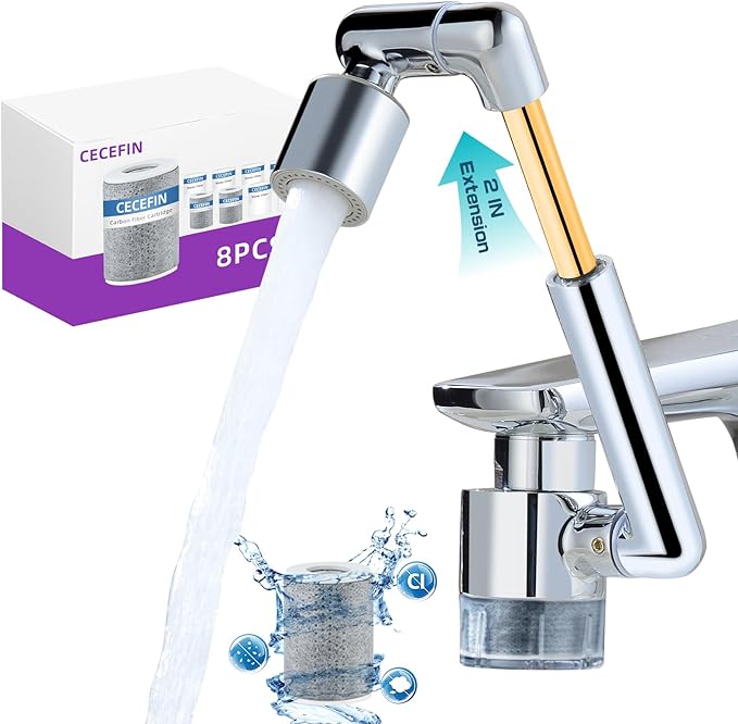 CECEFIN 1440ºSink-Water-Filter Faucet-Extender 3.0 Telescopic - Carbon Purifier Reduce 99% Chlorine, NSF Test Bathroom Kitchen Aerator, Swivel Long Arm Extension for Toddlers, Hard Water Softener