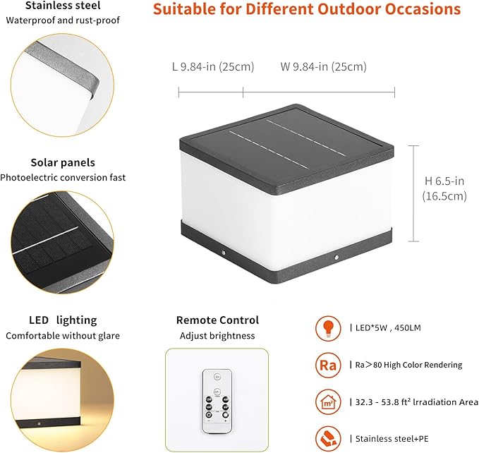 Solar Post Lights Outdoor, 9.8'' Pillar Cap Lights IP54 Waterproof, 3000K LED Column Light Modern Dusk to Dawn Lamp, Fence Lantern Posts Outdoor Lighting Lamps Fixture for Garden Pathway Driveway