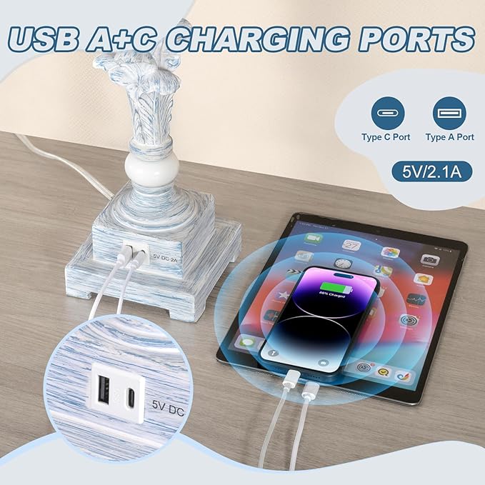 33'' Touch Table Lamp Set of 2 for Living Room , 3-Way Dimmable Buffet Lamps with USB Ports and White Shade, Vintage Farmhouse Bedside Nightstand Lamps for Bedroom Office Study Dinning (Bulb Included)