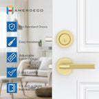 Amerdeco Front Door Lock Set with Double Cylinder Deadbolt, Exterior Entry Door Lever, Heavy Duty Entry Door Locksets for Left or Right Hand Exterior Door（Brushed Gold 2 Pack）
