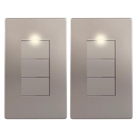LIDER Matte Finish Lighted Triple Switch with Screwless Wall Plate, Combination Frameless Decorator Switch with Locator Light, Ground Terminal Single Pole, 15A 120V, UL Listed, Nickel, 2 Pack