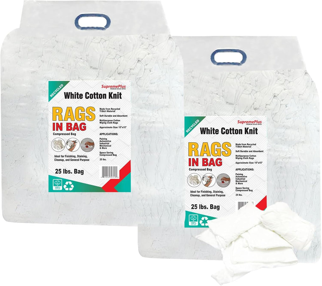 Recycled White T-Shirt Cleaning Rags (2 x 25 lbs. Bag - 50 lbs. Bag) – Shop Rags Bulk for Oil, Stain, Grease, Paint, and Auto Cleaning, Multipurpose