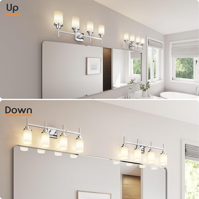 4-Light Vanity Lighting Fixtures with White Frosted Glass Shade, Polished Chrome Bathroom Wall Lamps Over Mirror for Bath Restroom Kitchen T001CH-L4