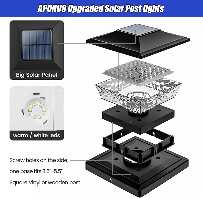 APONUO Solar Post Cap Lights 6 Pack, Waterproof Outdoor LED Deck Lights for 4x4, 5x5, 6x6 Wood Fence & Vinyl Posts, 2 Color Modes (Warm/Cool), All-Night Lighting, Auto On/Off, Patio Garden Yard Decor