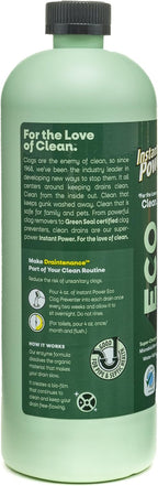 Instant Power Eco Clog Preventer - Enzyme Drain Cleaner Liquid and Deodorizer for Sink, Shower, Toilet, Garbage Disposal Cleaner, Bio-Based Drain Defense, Smell Remover and Odor Eliminator - 32 fl oz