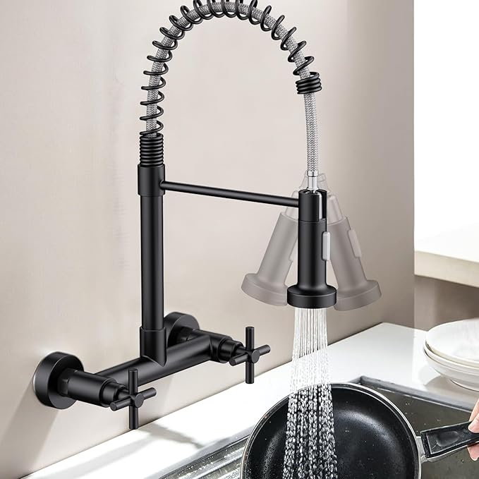 Wall Mount Kitchen Faucet, Hurran Matte Black Kitchen Sink Faucet, 8 Inch 2 Handle Wall Mount Commercial Sink Faucet with Pull Down Sprayer for Kitchen Laundry Room Restaurant
