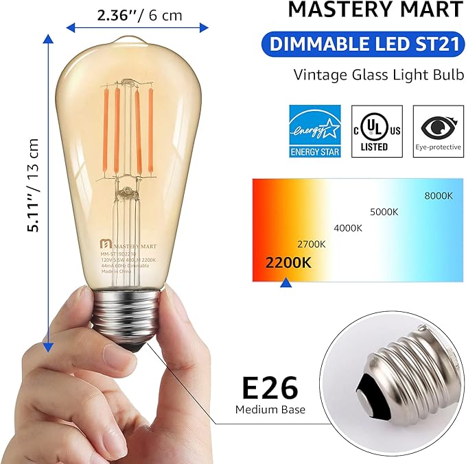 MASTERY MART Dimmable Vintage E26 LED Light Bulb, 2200K Warm White, 5.5W 60W Equivalent, Glass ST19 Antique Edison Style, 400 LM, Decorative Filament Bulb, UL and Energy Star, 6 Pack