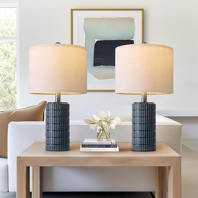 PoKat 20.75" Small Blue Table Lamps, Farmhouse Bedside Lamps for Bedroom Set of 2, Ceramic End Table Lamps for Night Stands Living Room, Modern Nightstand Desk Lamps, Dark Blue
