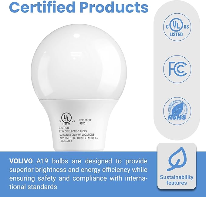VOLIVO 12 Pack A19 LED Light Bulbs, Daylight 5000K, 9W(60 Watt Equivalent), 800 Lumens, 120V, E26 Standard Base, Non-Dimmable LED Bulb, UL Listed and FCC Certified, Energy