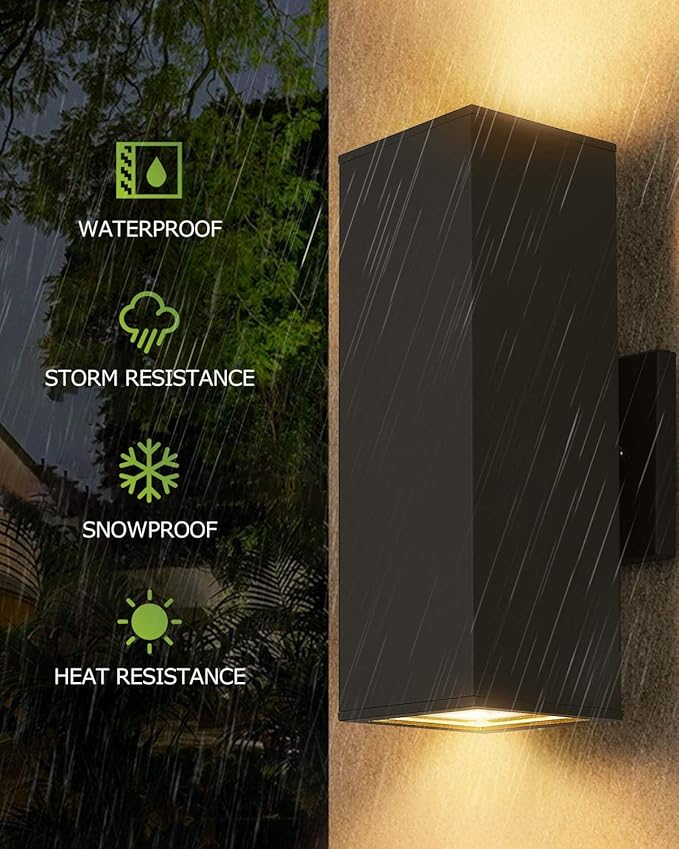 harriet Porch Lights Outdoor Modern - IP64 Waterproof Aluminum and Tempered Glass Cover, 13" Rectangular Up/Down Wall Sconce for Porch, Garage & Patio, Exterior Lighting, Black, 2 Pack