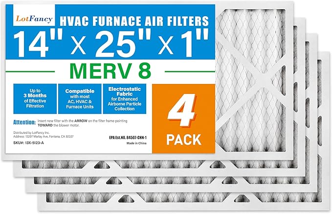 LotFancy 14x25x1 Air Filter MERV 8 Dust Defense (4-Pack) Pleated HVAC Furnace Air Filters, Replacement for Home AC & Heating Systems, Actual Size: 13.75" x 24.75" x 0.75"