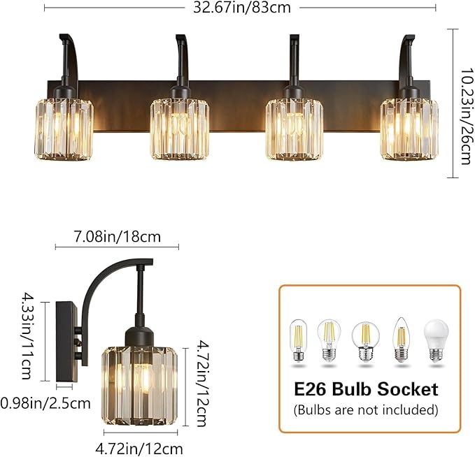 4-Light Crystal Vanity Light, Modern Black Bathroom Wall Sconce with K9 Crystal Shades, 32.67" Long Over Mirror Lighting for Vanity, Makeup, Hallway, Elegant & Easy Install