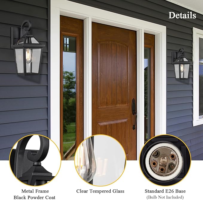 Colonial Outdoor Light Fixture Wall Mount, Exterior Light Fixture Wall Sconces with Clear Glass for Front Porch, Waterproof Outdoor Wall Lantern in Black Finish for House, Doorway, Garage, Patio