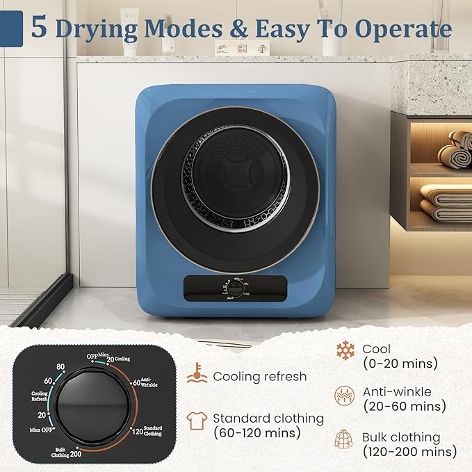 Auertech 1.5 Cu.Ft Portable Clothes Dryer, 850 W Front Load Electric Dryer Machine with Stainless Steel Drum, Simple Control Knob, Compact Tumble Dryer for Laundry Apartment, Dorm, RV, Blue