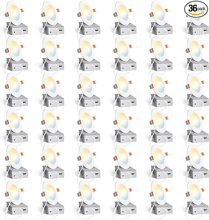 Amico 36 Pack 4 Inch 5CCT Ultra-Thin LED Recessed Light with Junction Box, 2700K/3000K/3500K/4000K/5000K Selectable, 10W Eqv 60W, Dimmable Can-Killer Downlight, 700LM High Brightness Downlight-ETL&FCC