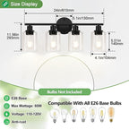 4-Light Bathroom Light Fixtures, Matte Black Modern Vanity Lights Over Mirror with Clear Glass Shade, Bathroom Wall Lamp for Mirror Kitchen Living Room Hallway Cabinet Porch Bedroom Reading room