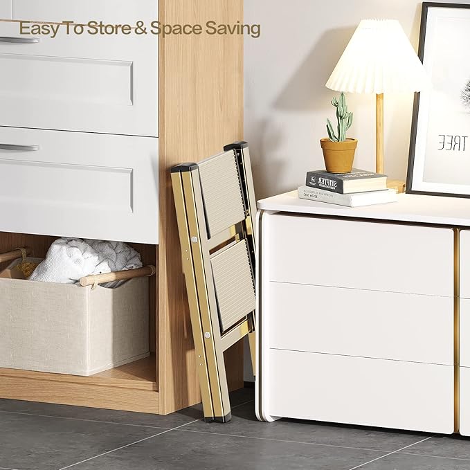 GameGem 2 Step Ladder, Aluminum Folding Step Stool with Anti-Slip Sturdy and Wide Pedal, Lightweight Portable Multi-Use Stepladder for Home and Kitchen Use Space Saving, Gold, 330 lbs