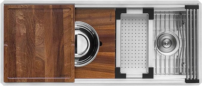 Ruvati 69-inch Undermount Workstation Kitchen Sink – 16 Gauge Stainless Steel Single Bowl with Two-Tiered Ledges & Accessories – RVH8666