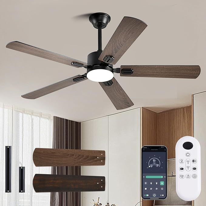 56inch Ceiling Fans with Lights and Remote/App Control, DC Reversible Motor, Noiseless, Dimmable, Low Profile Modern Ceiling Fan for Bedroom Indoor/Outdoor Use（Brown）