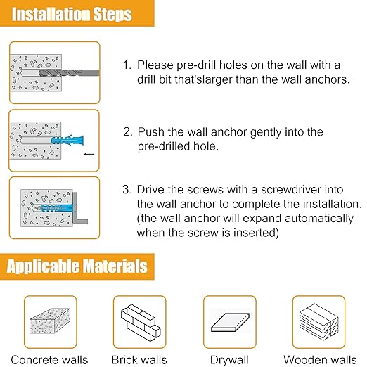 KURUI Wall Anchors Kit for Hanging Wall Art Decor, 270Pcs Picture Hangers Assortment Kit for Drywall Concrete Brick, 135 Screws and 135 Drywall Anchors,Replace Picture Hanging Nails for Frame Tapestry