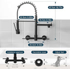 AIMADI Black Wall Mount Kitchen Faucet with Pull Down Sprayer Pot Filler | Matte Black Commercial Style Dual Handle Sink Faucet Spring Design for Kitchen