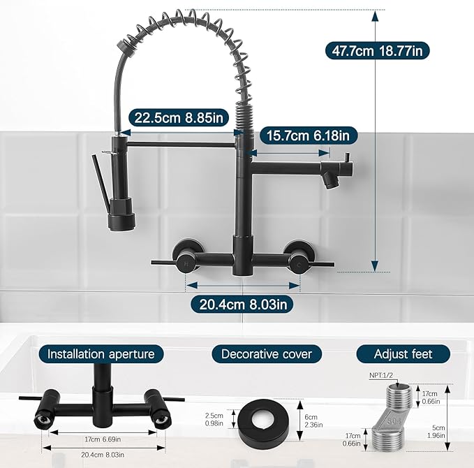 AIMADI Black Wall Mount Kitchen Faucet with Pull Down Sprayer Pot Filler | Matte Black Commercial Style Dual Handle Sink Faucet Spring Design for Kitchen
