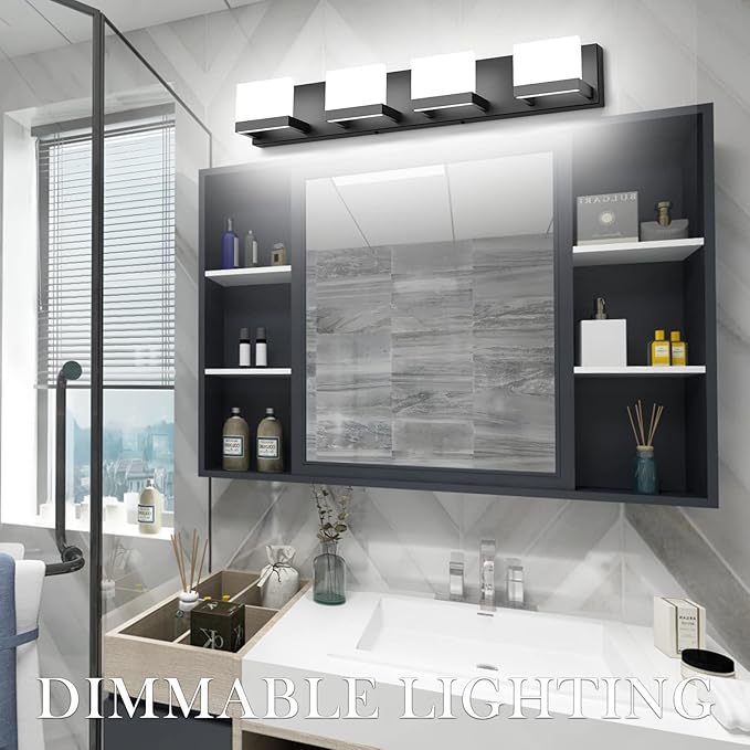 Tipace Dimmable Black LED Vanity Light for Bathroom Up and Down 4 Lights Black Modern Bathroom Wall Light Fixtures Over Mirror(White Light 6000K)