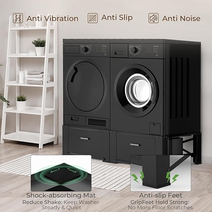 SKM 2-Pack 29" Washer & Dryer Pedestal Stand with Storage Drawer | Heavy-Duty Steel, 700LB Capacity | 14.3" Ergonomic Height, Black