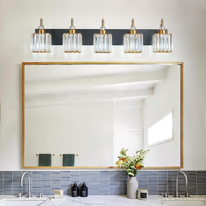 Modern Crystal Vanity Lights Black Gold 5 Light Bathroom Vanity Light Fixtures Over Mirror