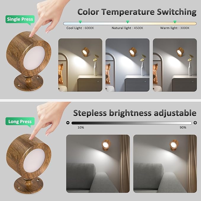 Lightbiz LED Wall Lights, Wall Sconces 2 Pcs with Remote Rechargeable Battery Operated, 3 Color Temperatures & Dimmable Wall Lamp Magnetic 360° Rotation Light for Bedroom Living Room