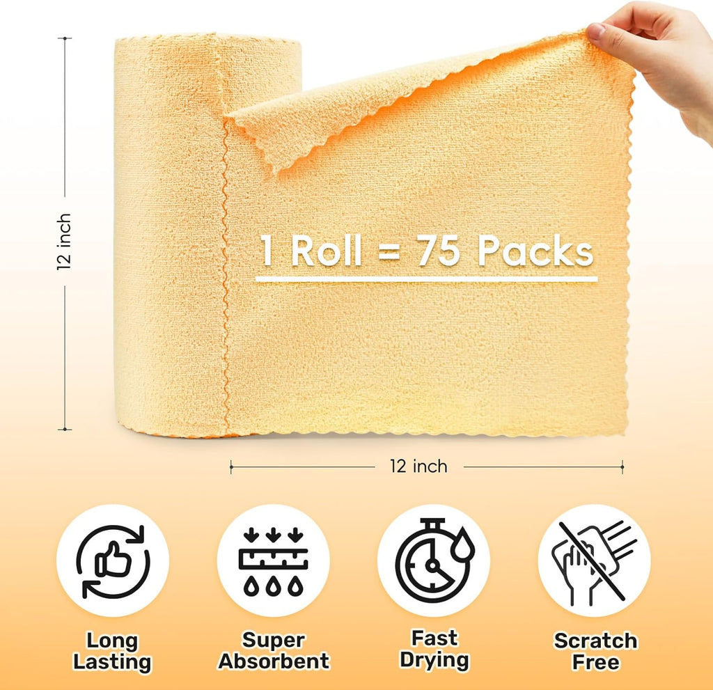 Microfiber Cleaning Cloths Roll, 75 Pack Tear Away Microfiber Towels Roll, 12" x 12" Lint Free Rags, Reusable Cleaning Cloths, Washable, Scratch Free,Ultra Absorbent Dish Rags(Orange)