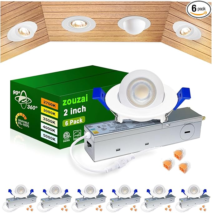 zouzai 2 Inch 5CCT Gimbal Led Recessed Lighting with Junction Box, 360°+90° Adjustable Recessed Can Lights, 2700K/3000K/3500K/4000K/5000K Selectable, 5W Eqv 50W, 550LM Brightness - ETL (White,6 Pack)