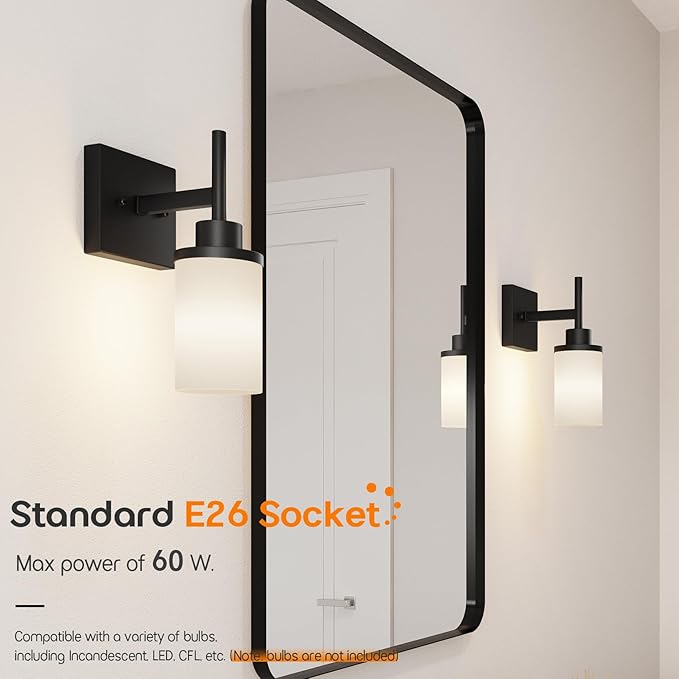 Wall Light Fixtures Matte Black Bathroom Vanity Lights Over Mirror with White Frosted Glass, Wall Lamps for Hallway Washroom Porch Entrance T001MB-L1