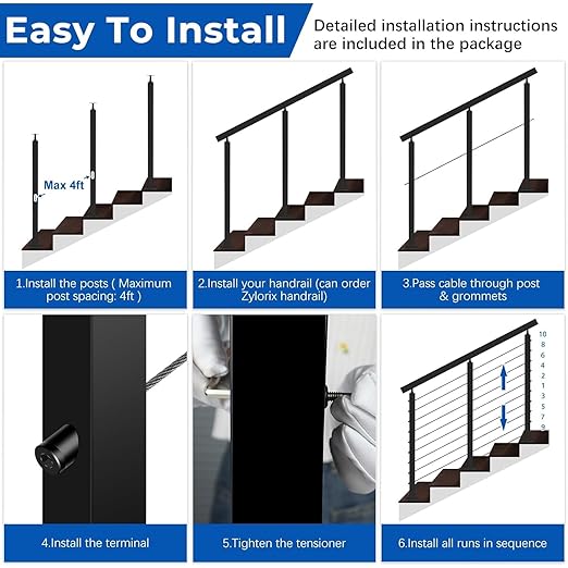 36" Expandable 16-20FT Black T304 Cable Railing Post Kit, Complete Cable Railing System with 5 Stair Posts, 216ft 1/8" Wire Rope(No Handrail), Adjustable Length Easy DIY for 25-35°Stairway