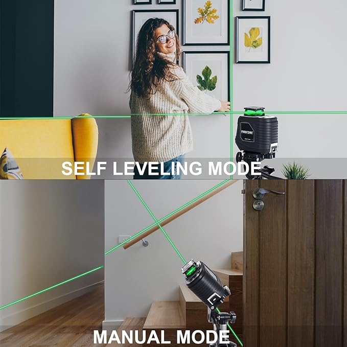 Firecore Self Leveling Laser Level, 360° Green Cross Line Lazer Level with Pluse Mode, 3 Brightness Adjustment Laser Leveler Tool for Hanging Shelves Cabinets Home DIY Project