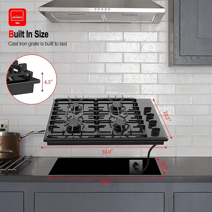 GASLAND 30 Inch Gas Cooktop Black, 4 Sabaf Sealed Burner Gas Stovetop, 4 ft Cord Plug, Heavy Duty Cast Iron Grates with Metal Knobs, 28,300 BTU NG/LPG Convertible