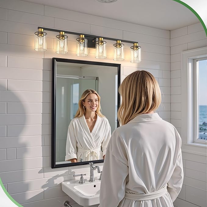 DORESshop Bathroom Light Fixtures, 6-Light Gold and Black Bathroom Lighting Fixtures Over Mirror with Clear Glass Shade, Vanity Lights for Hallway Living Room Bedroom