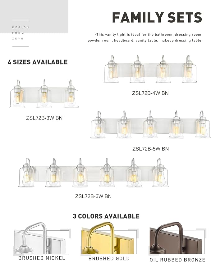 zeyu 6-Light Bathroom Wall Light Fixture, 44 Inch Modern Nickel Vanity Lighting Fixtures for Bedroom, Brushed Nickel Finish with Clear Glass Shade, ZSL72B-6W BN