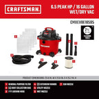 CRAFTSMAN CMXEVBE18595 16 Gallon 6.5 Peak HP Wet/Dry Shop Vac, Heavy-Duty Shop Vacuum Wet and Dry with Filter, 4 Dust Bags, Hose and Attachments for Home Projects & Renovations