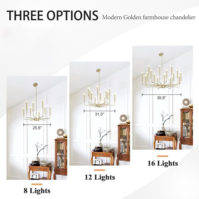Qamra Modern Farmhouse Gold Chandelier for Dining Room, 12-Light Rustic Candle Chandelier Light Fixture, Industrial Hanging Chandeliers Lighting for Living Room, Kitchen, Staircase, Entryway, Foyer