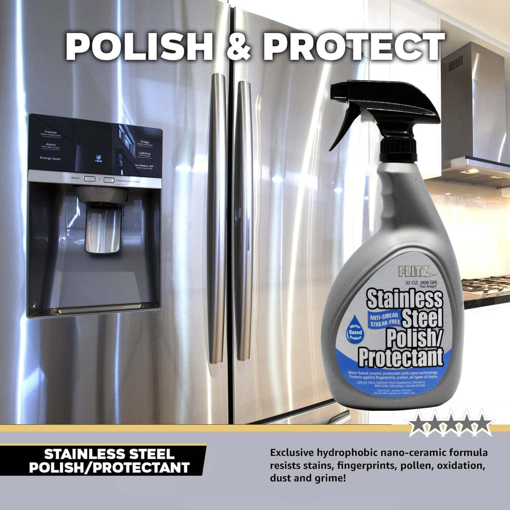 Flitz Stainless Steel Polish Protectant - 32oz Bottle, USA-Made Ceramic Coating for Stainless Steel Appliances, Repels Fingerprints & Water Spots - Aluminum & Chrome Polish & Protectant (1 Pack)