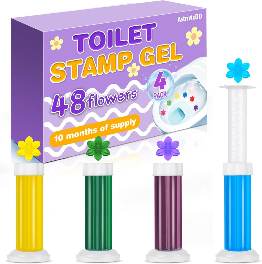 4 Pack Toilet Gel Stamp, 48 Stamps 4 Kinds Of Scent Toilet Bowl Cleaner Gel, Long-Lasting Flowers Shaped Bathroom Freshener, Keeps Toilet Fresh Fragrant and Clean