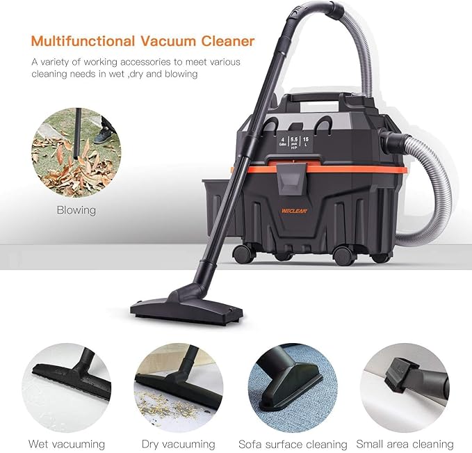 WECLEAN 4 Gallon 5.5 Peak HP Commercial Wet Dry Vacuum Cleaner Shop Vac for Outdoor Patio Wet & Dry Construction Shop Vac with Blower Gift for Father