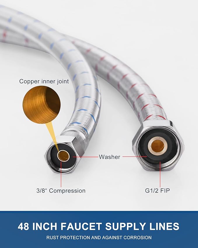 48'' Length Faucet Supply Line, Stainless Steel Braided cUPC Sink Hose with G1/2" FIP x 3/8" Compression Supply Hose for Sink Faucet Bathroom Kitchen Faucet Connector Water Supply Line 2 PCS