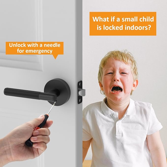 Amerdeco 1 Pack Matte Black Door Handles Interior, Knurled Privacy Door Handles with Lock,Heavy Duty Black Door Lever for Bedroom or Bathroom,Reversible Keyless for Left Right Handed Doors