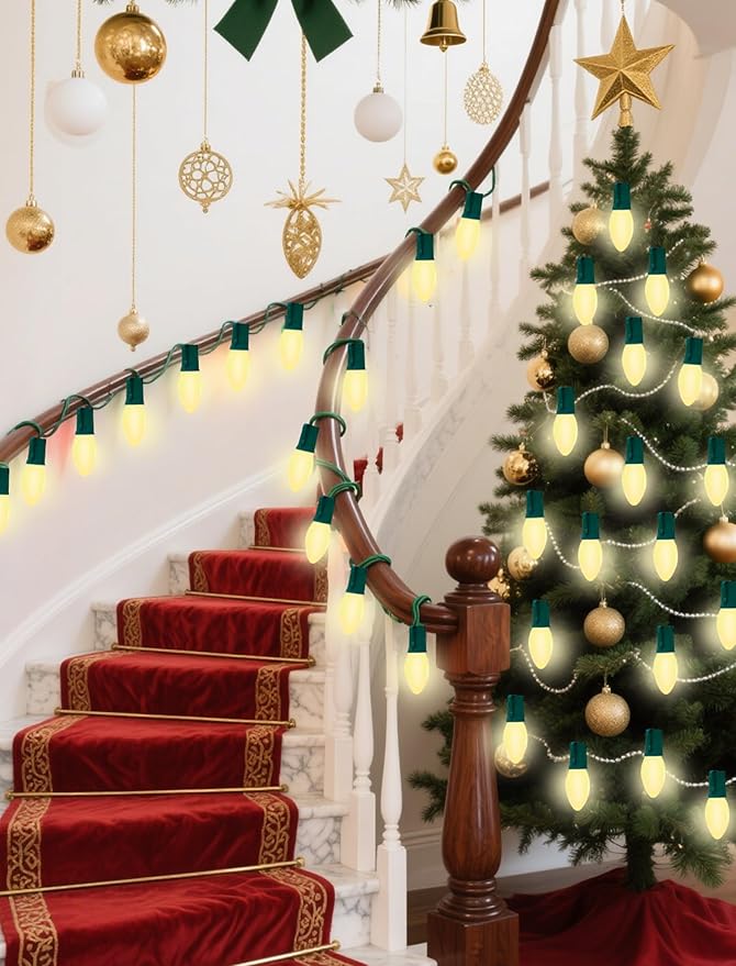 C9 White Christmas Light Bulbs, 25 Pack C9 Incandescent Replacement Bulbs for Christmas String Light, Candle Lamps, E17 Intermediate Base, 7Watt Night Lights Bulbs