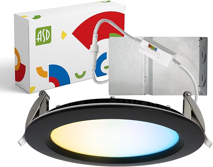 ASD Recessed Lighting 6 Inch Round Commercial LED Downlight, Mini Panel Baffle Trim, 15W 120-277V, 5 CCT Selectable 2700K/3000K/3500K/4000K/5000K, Dimmable LED Ceiling Light Fixture, Black, ETL